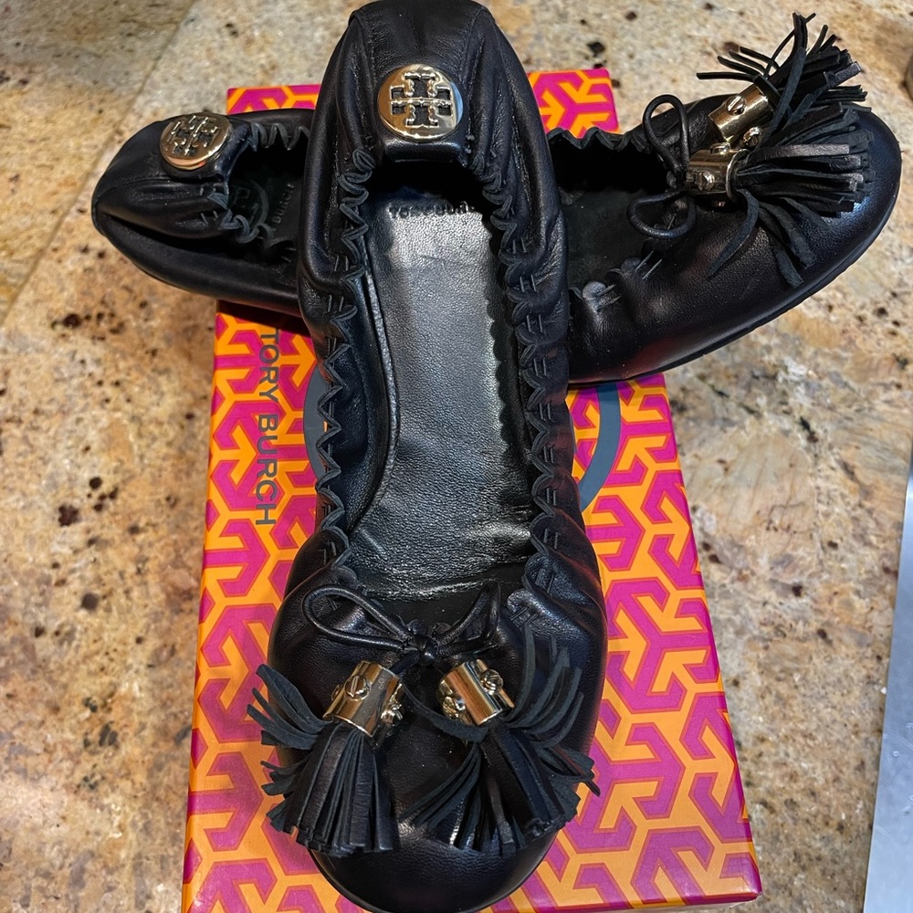 Tory Burch Black Flats with Floral Design